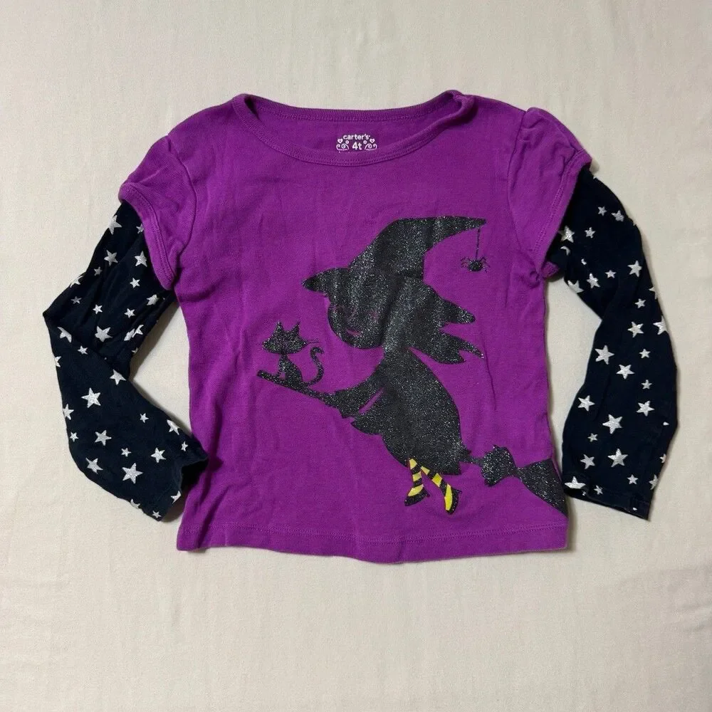 Halloween Witch Shirt Girls 4T Top Star Purple Black Glitter Long Sleeve Cute